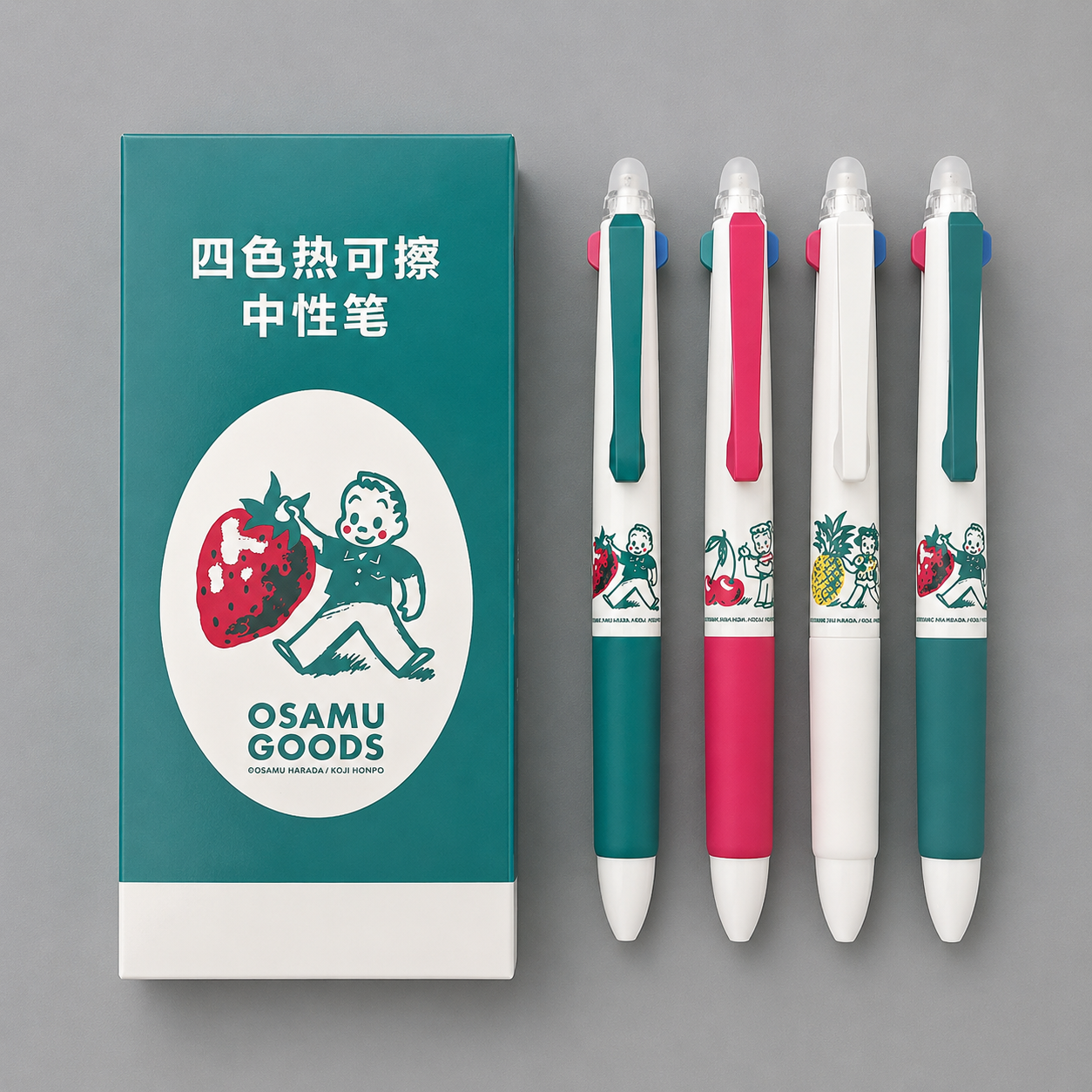Stylo gel effaçable 4 couleurs Osamu Harada – Noir, bleu, rouge et vert – 0,5 mm