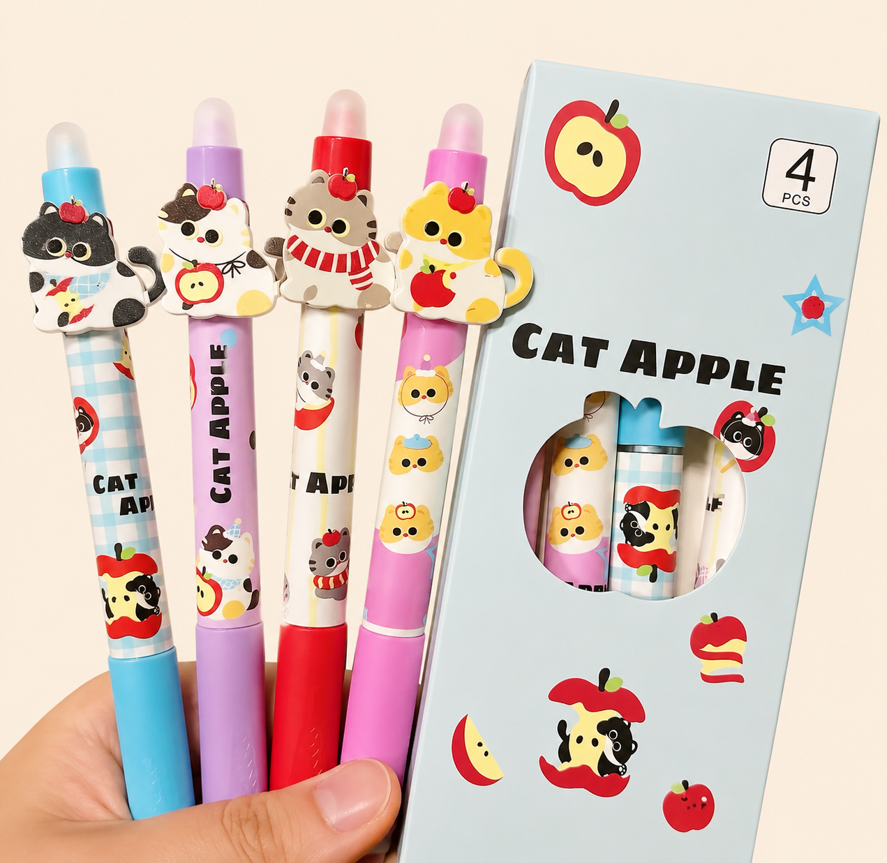 Stylo effaçable thermique Chat Pomme – Motif adorable