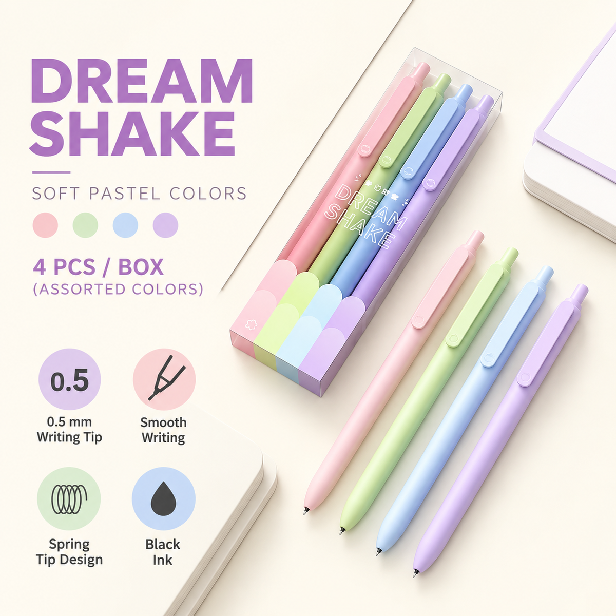 Stylo gel rétractable Milkshake Rêveur – Encre noire 0,5 mm
