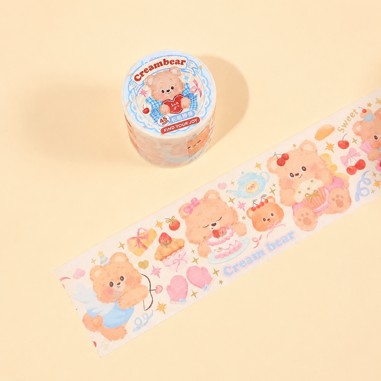 Ruban adhésif décoratif en papier – Motif ours crème