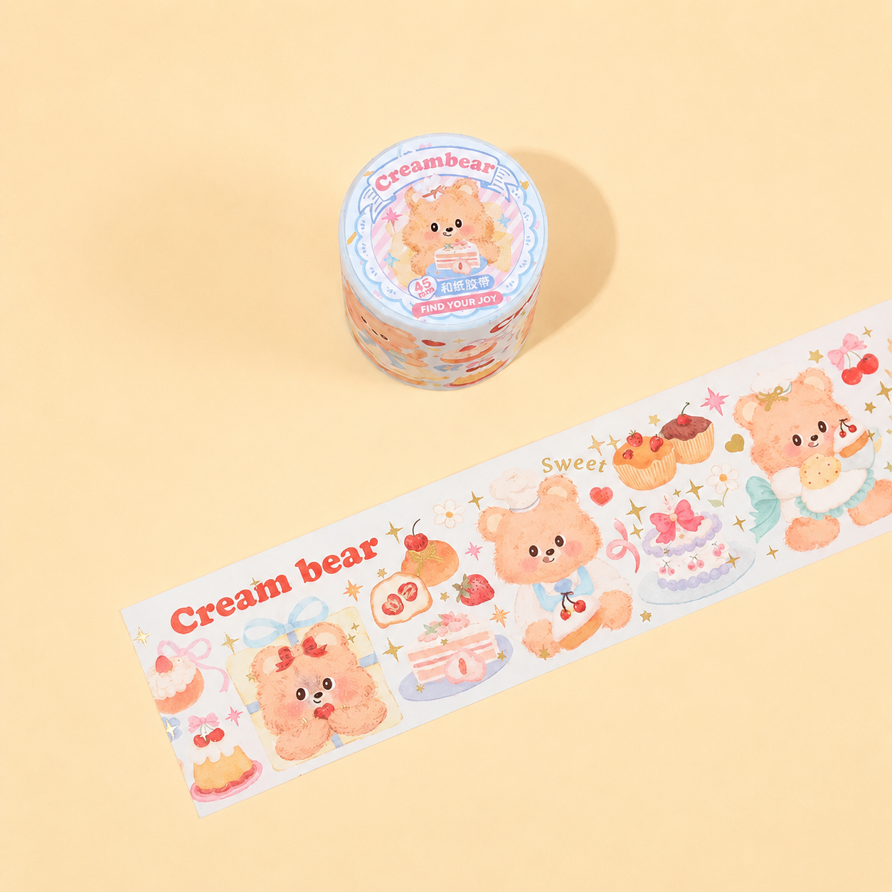 Ruban adhésif décoratif en papier – Motif ours crème