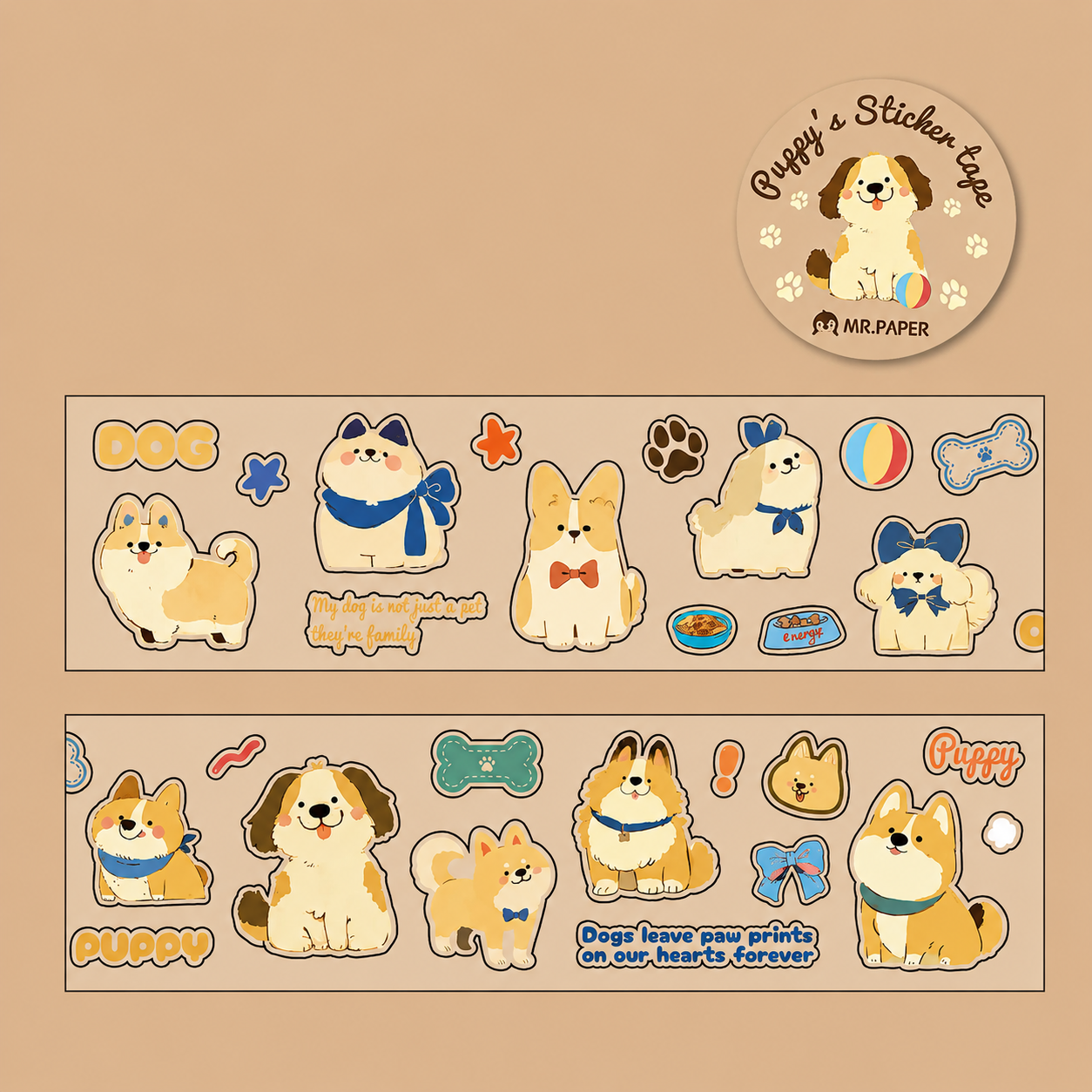 Ruban adhésif décoratif en PVC – Motifs chats et chiens, style cartoon