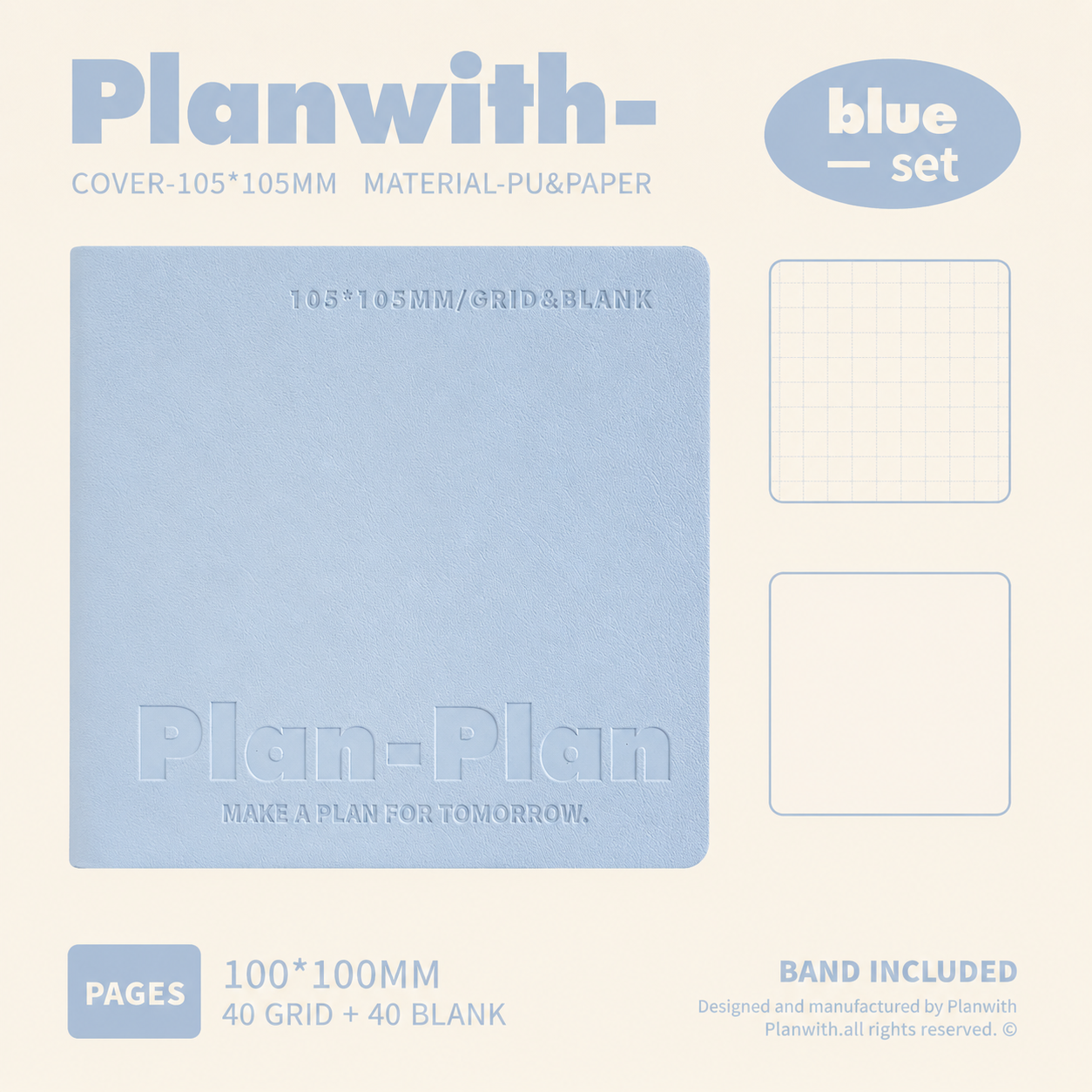 Carnet carré Planwith – Pages vierges et quadrillées, ouverture à plat