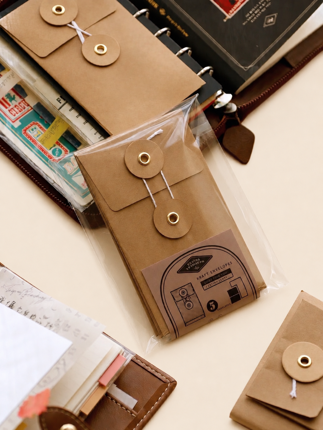 Pochette de rangement vintage BENSTORE – enveloppe adhésive avec fermeture à ficelle pour carnet Traveler’s Notebook (TN)