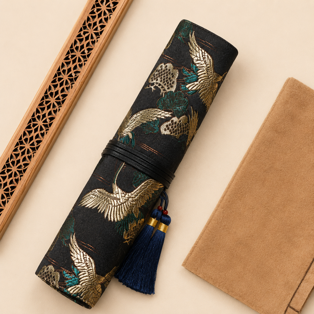 Trousse enroulable – style chinois, motifs totems, nuages auspicieux et grues dorées