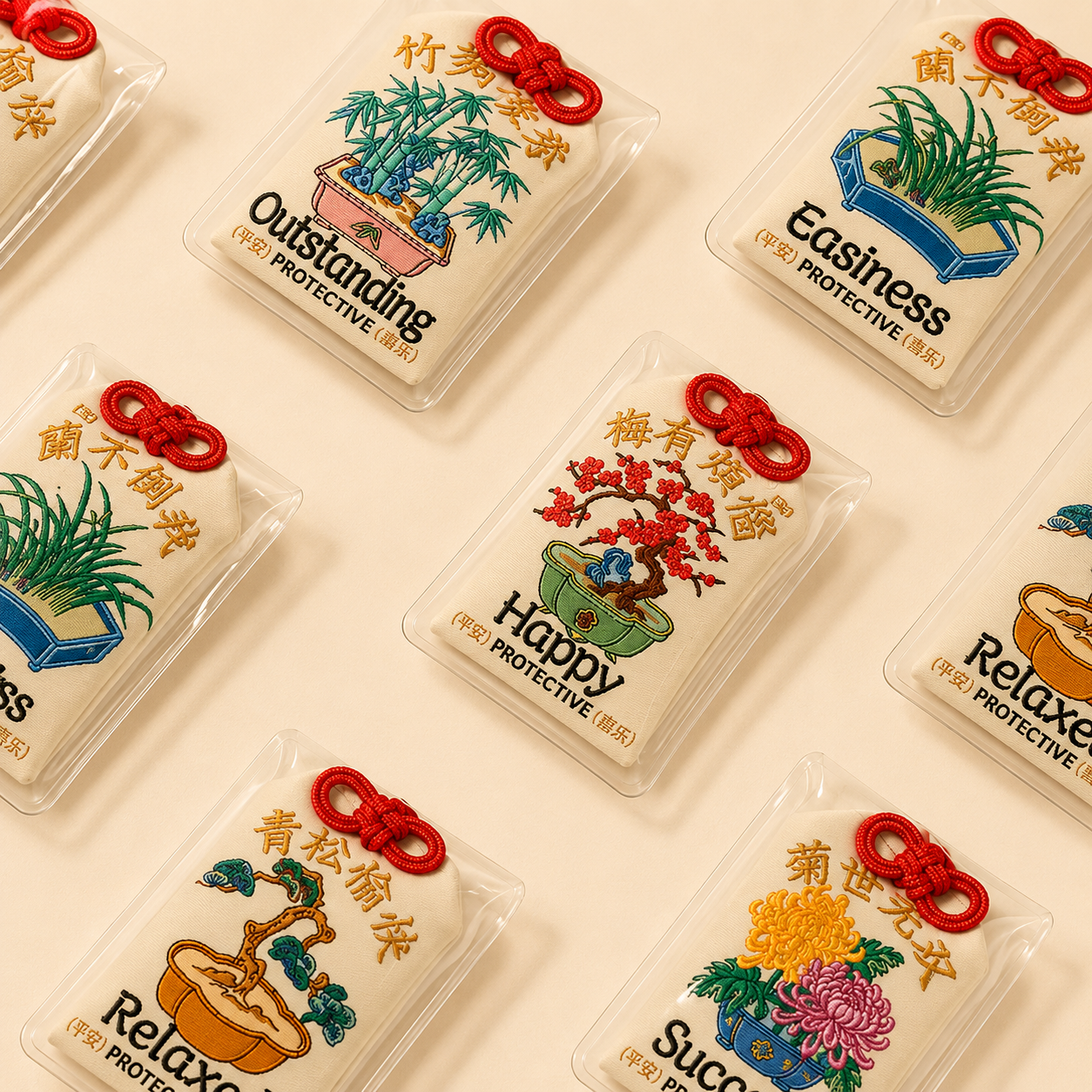 Pendentif porte-bonheur – “Quatre symboles”, amulette des cinq plantes nobles (prunier, orchidée, bambou, chrysanthème, pin)