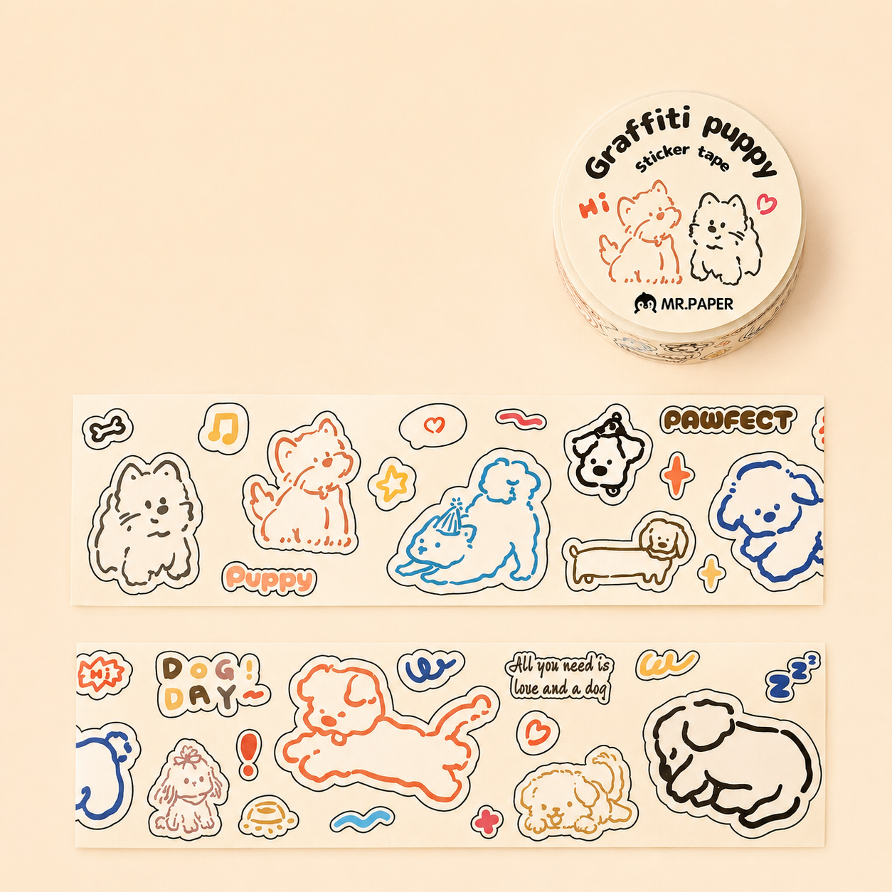 Ruban adhésif décoratif en PVC – Motifs chats et chiens, style cartoon
