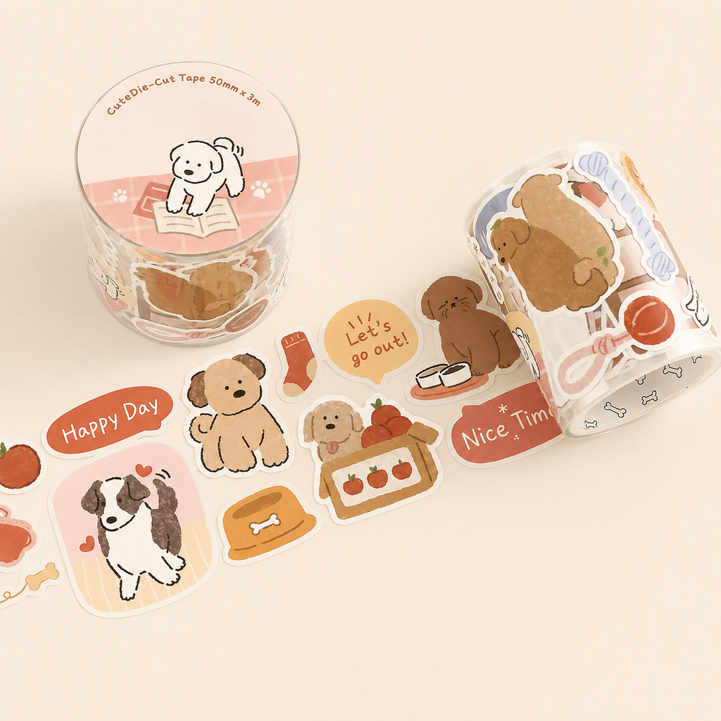 Ruban adhésif décoratif en PVC – Motifs chats et chiens, style cartoon
