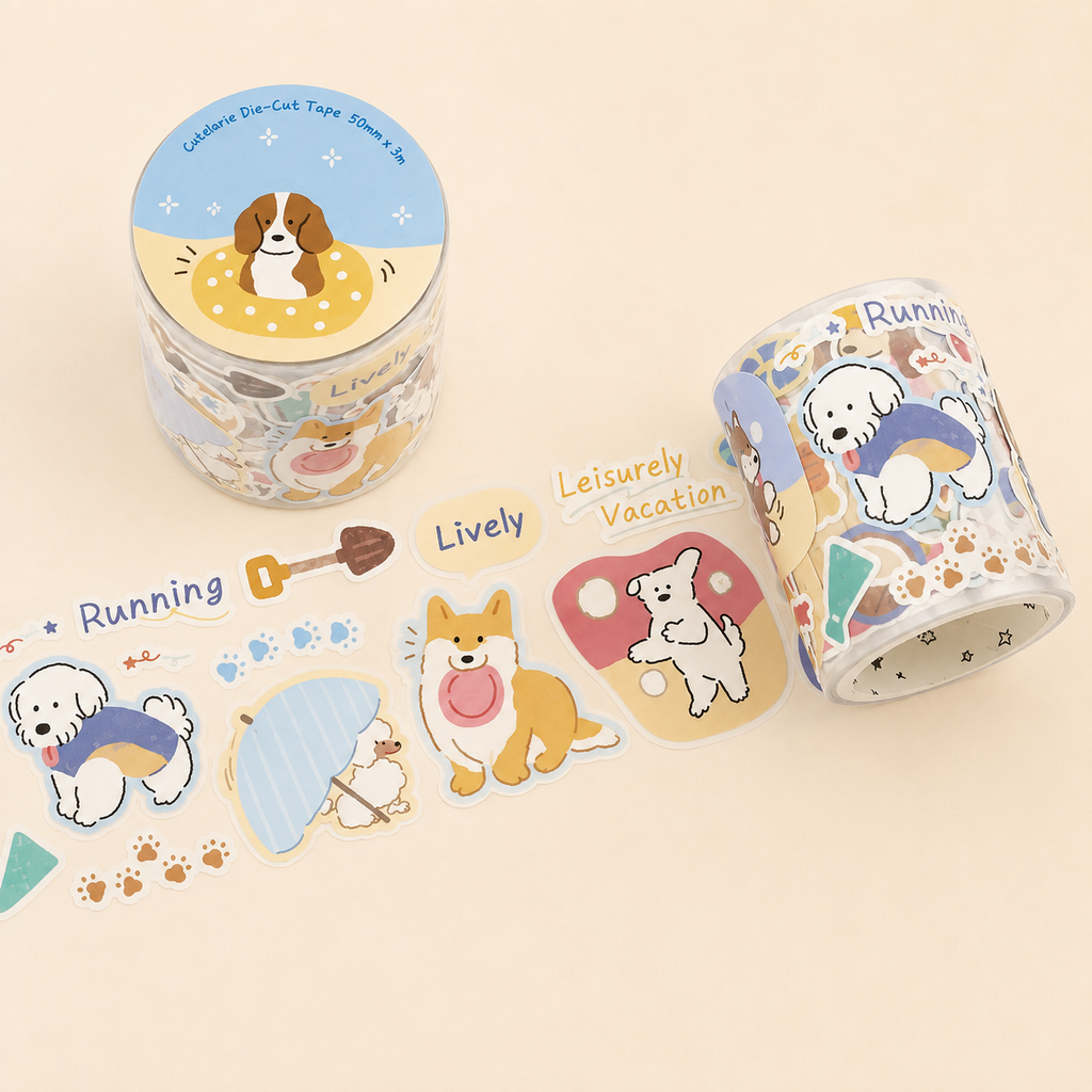 Ruban adhésif décoratif en PVC – Motifs chats et chiens, style cartoon