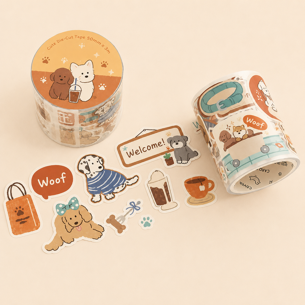 Ruban adhésif décoratif en PVC – Motifs chats et chiens, style cartoon