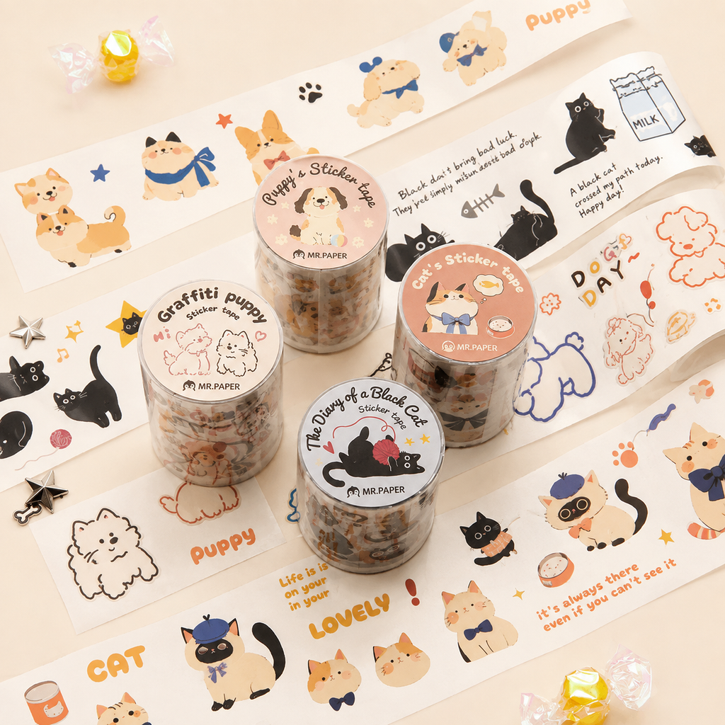 Ruban adhésif décoratif en PVC – Motifs chats et chiens, style cartoon