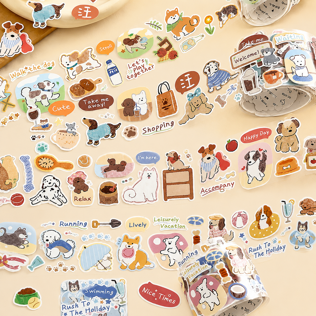 Ruban adhésif décoratif en PVC – Motifs chats et chiens, style cartoon