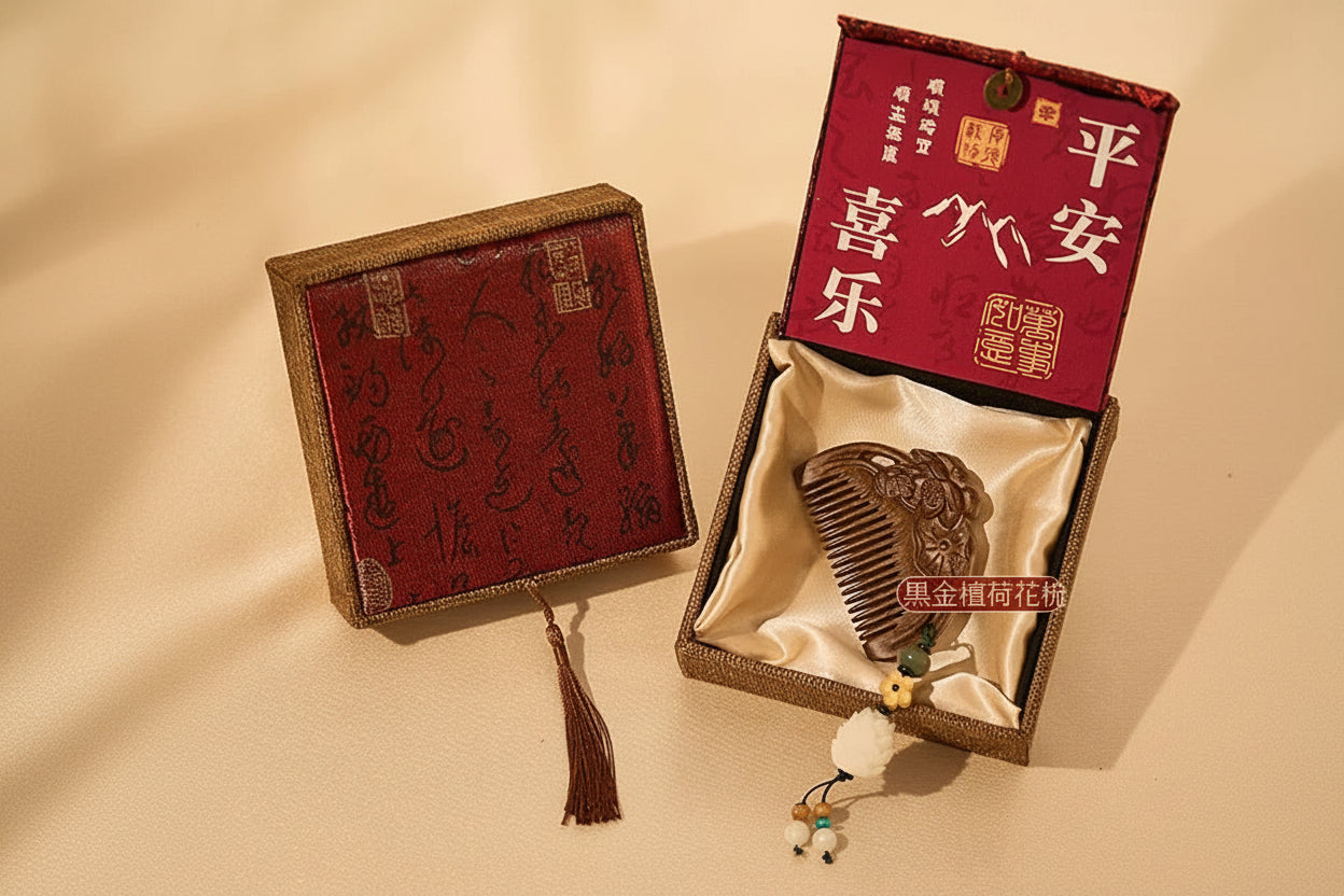 Peigne en bois – coffret cadeau “paix, bonheur et porte-bonheur”
