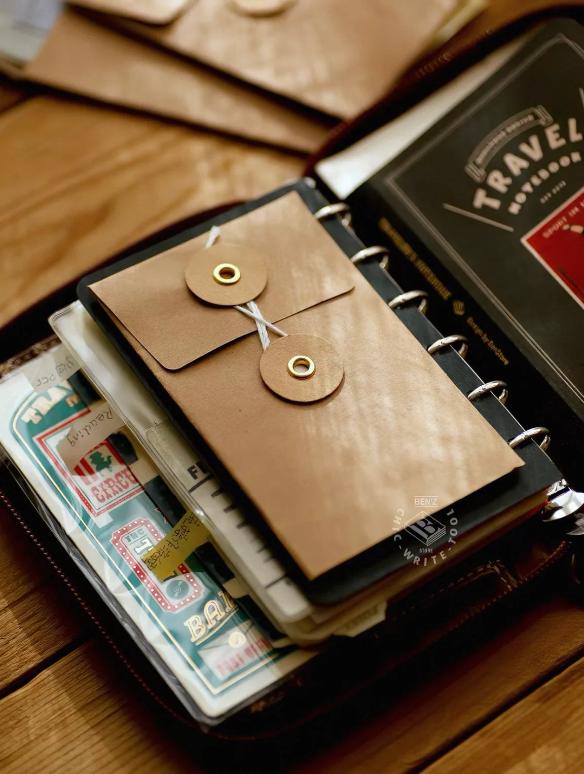 Pochette de rangement vintage BENSTORE – enveloppe adhésive avec fermeture à ficelle pour carnet Traveler’s Notebook (TN)