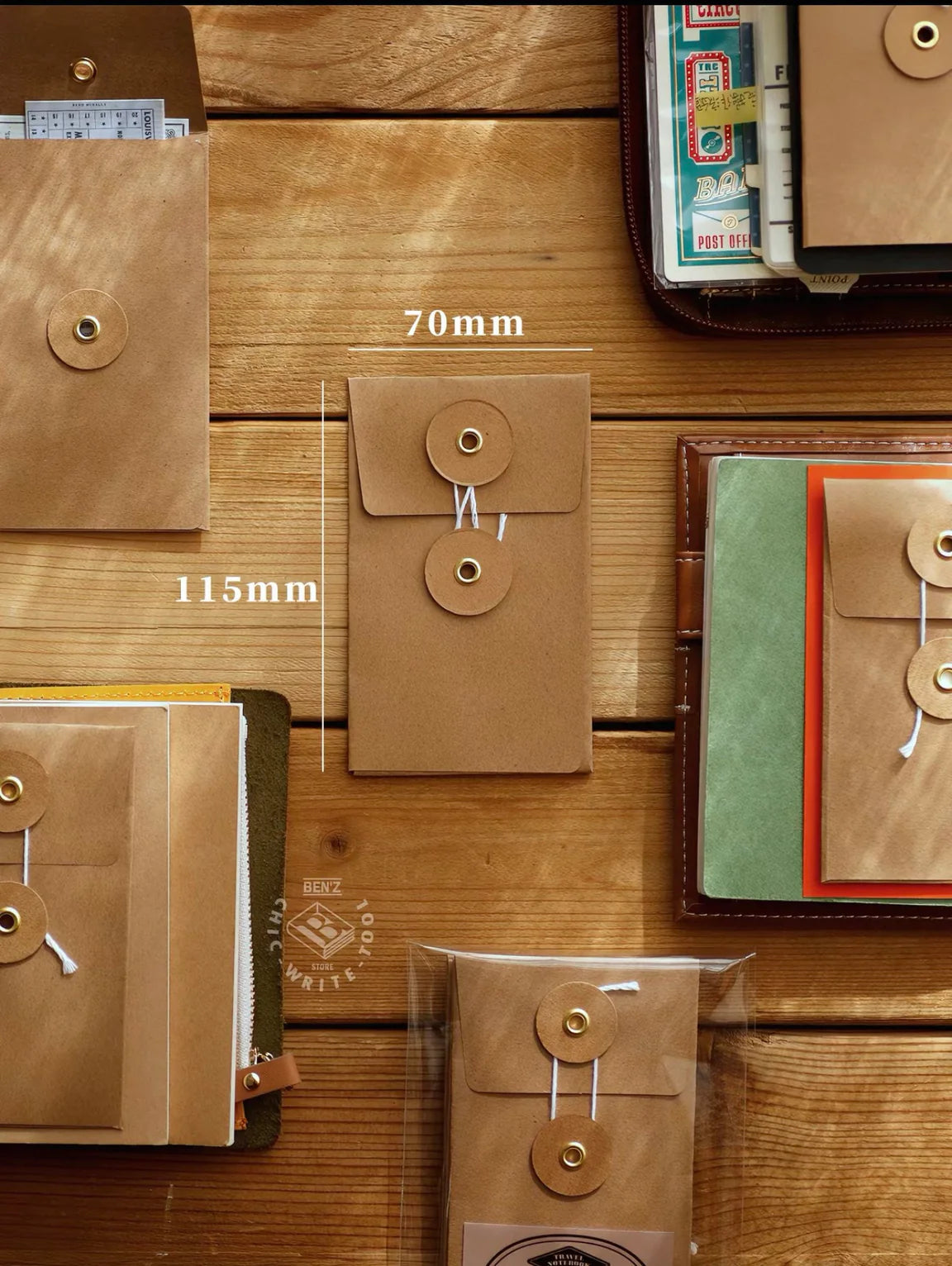 Pochette de rangement vintage BENSTORE – enveloppe adhésive avec fermeture à ficelle pour carnet Traveler’s Notebook (TN)