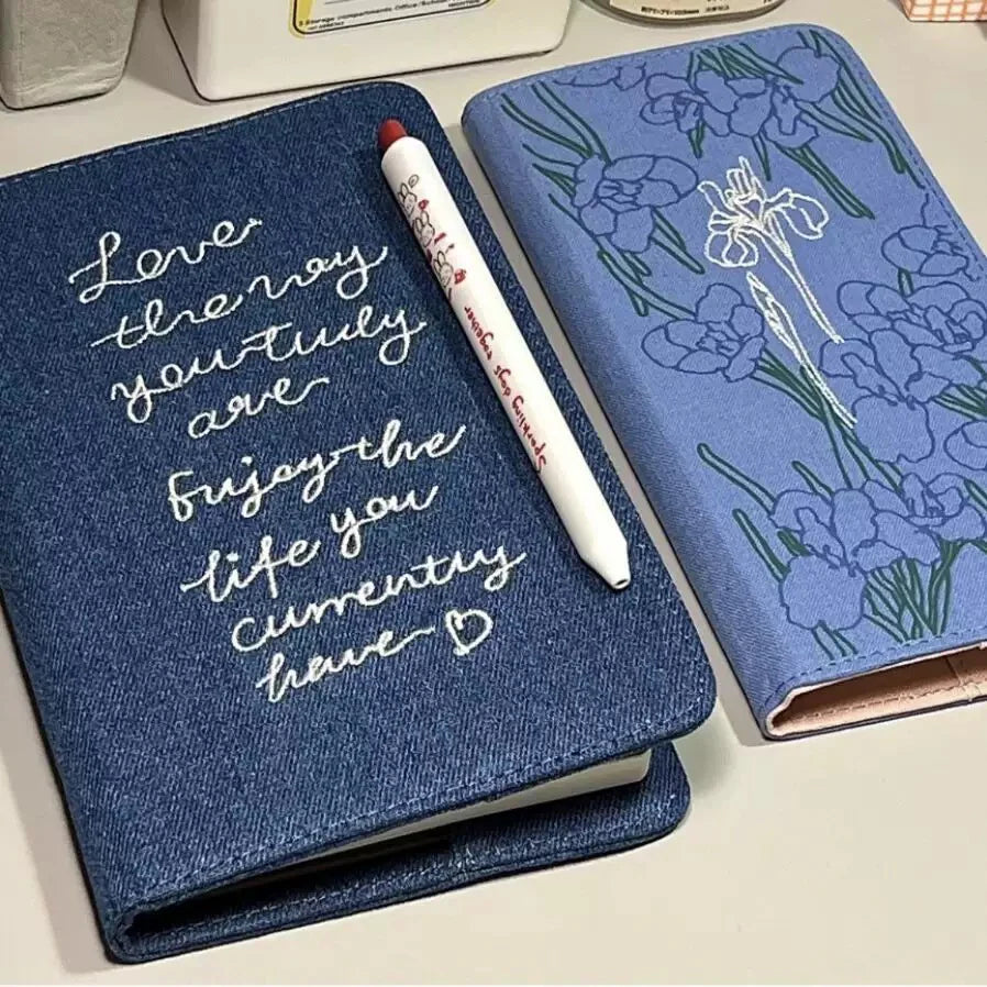 Carnet A6 en denim brodé – carnet de bullet journal, 105 × 180 mm