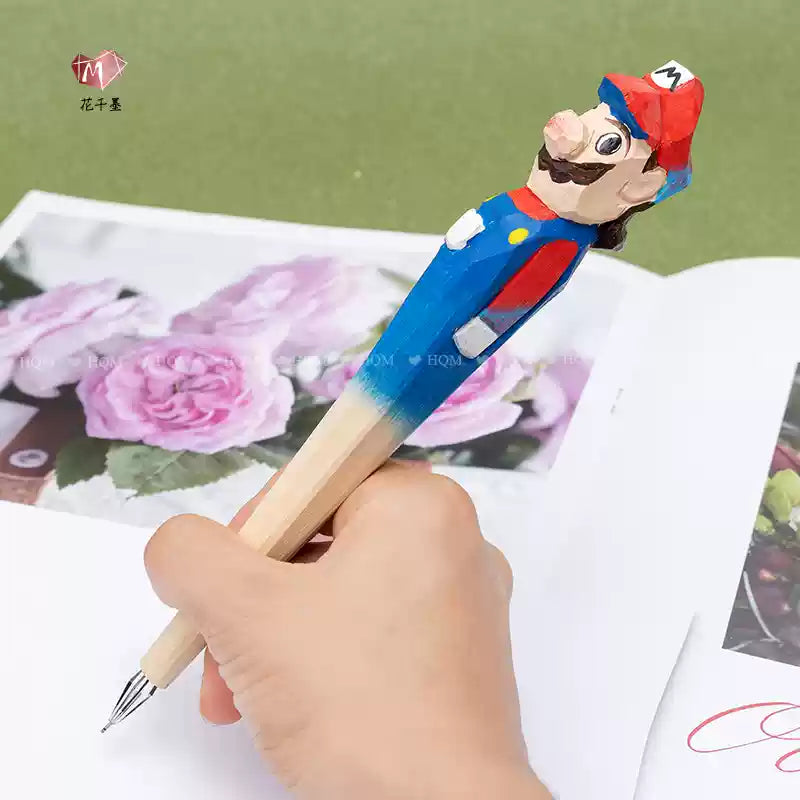 Stylo en bois sculpté à la main – Animaux cartoon mignons