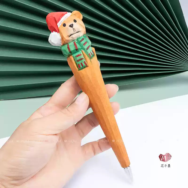Stylo en bois sculpté à la main – Animaux cartoon mignons