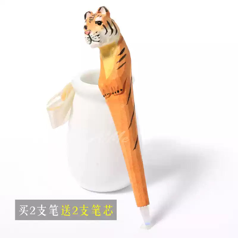 Stylo en bois sculpté à la main – Animaux cartoon mignons