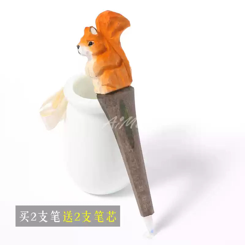 Stylo en bois sculpté à la main – Animaux cartoon mignons